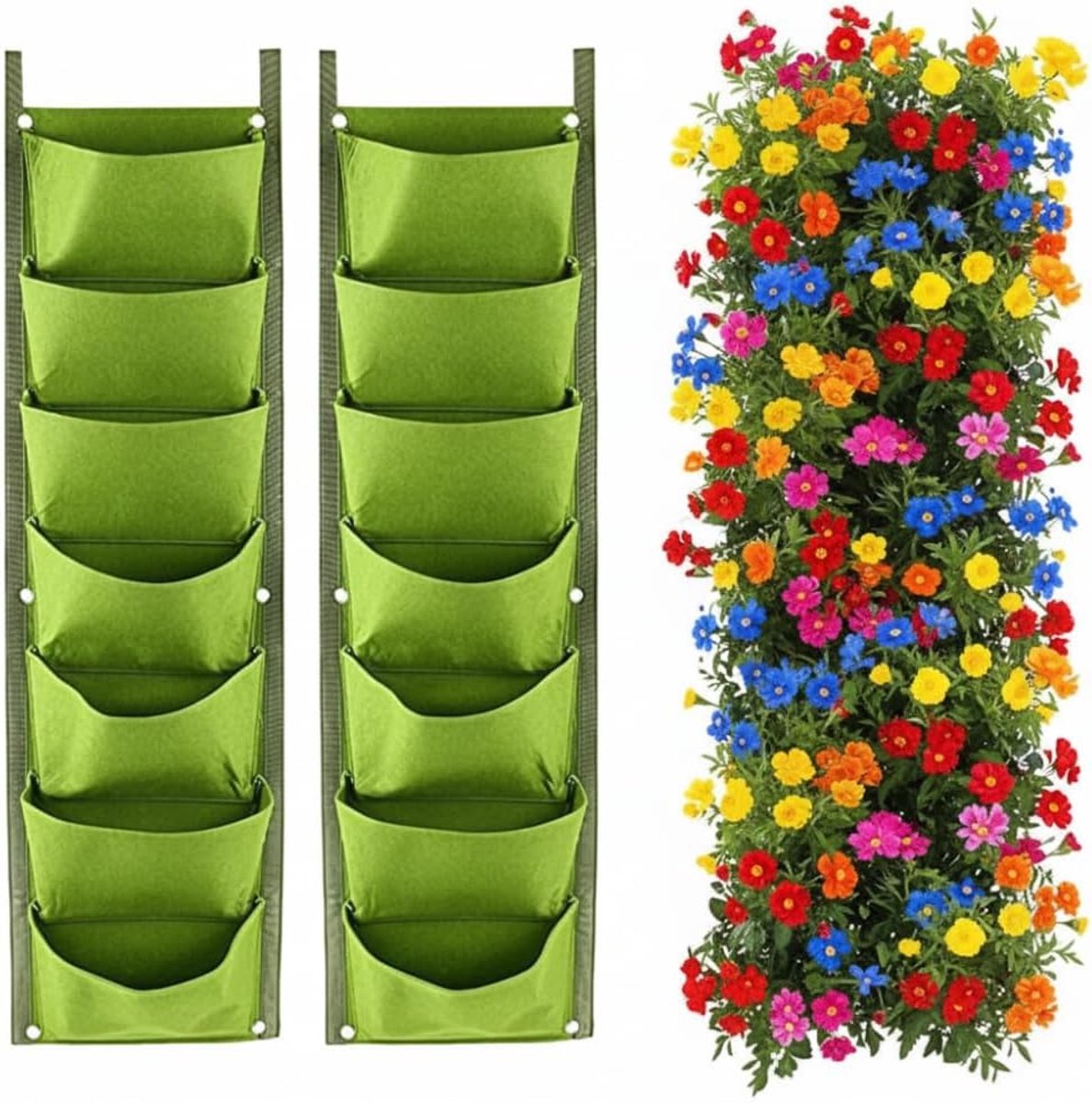 KZQ 2-pack verticale plantenzak met 7 vakken - Vilt zakken voor binnen en buiten - Geschikt voor balkon hek en muurbeplanting - Ademend en duurzaam - Groen