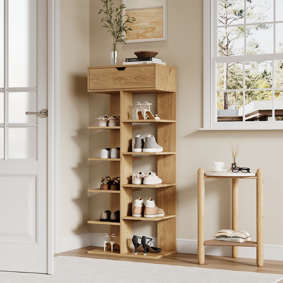 OKWISH Schoenenkast Open Schoenrek Met Lade En 10 Vakken 55 X 33 X 133 Cm Spaanplaat Naturel Voor Hal En Entree Modern Staand Rek