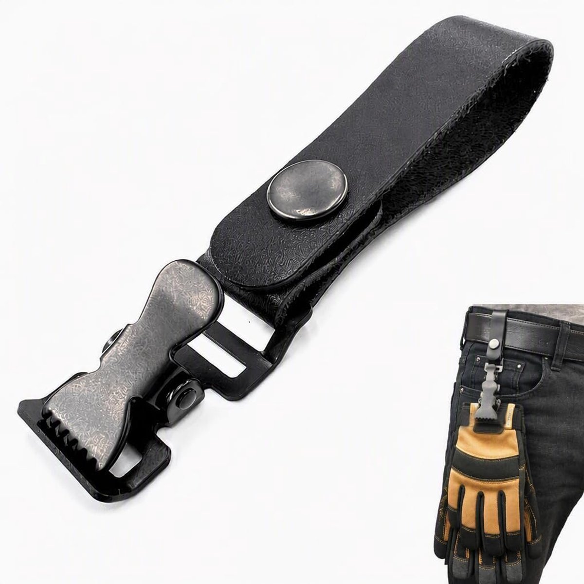 Handschoenhouder riem zwart leer en roestvrij staal 14 x 3 cm – handschoenklem tegen verlies van werk – clip voor - ShopVlot