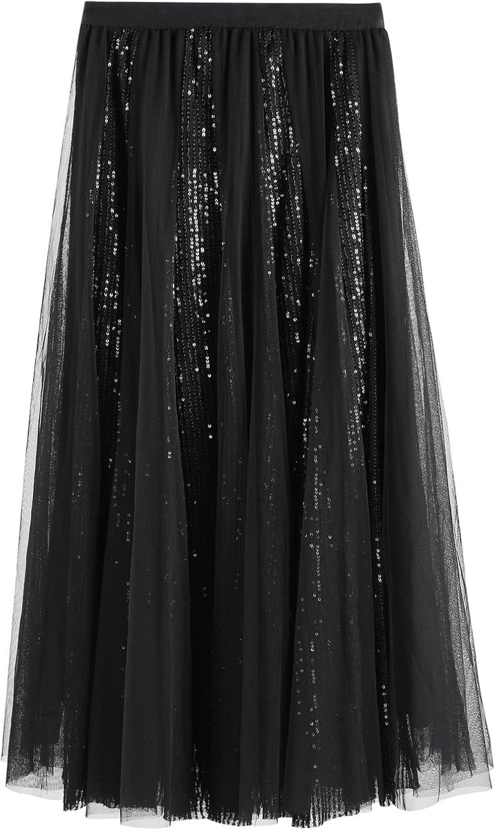 Women's Long Tulle Skirt with Sequins Shiny A-line Midi Skirt for Women Casual Wear Party Festival - ShopVlot