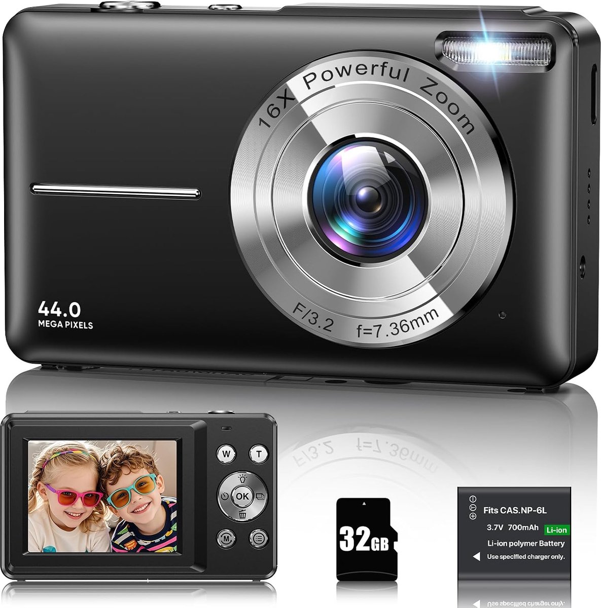 Digitale camera 1080p 44MP fototoestel met 16X digitale zoom, vlogging apparaat compact met 2,4 inch lcd-scherm, 32G micro-geheugenkaart, 1 accu voor kinderen, tieners, studenten