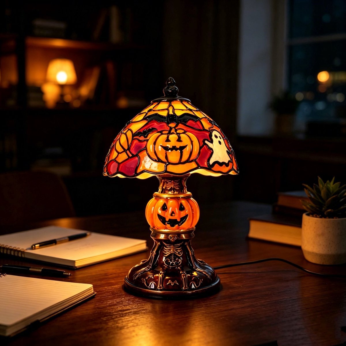 Casalora® Halloween Spook Tafellamp – LED Resin Lamp met Vleermuis en Pompoen – USB Oplaadbare Gothic Nachtlamp voor Halloween Decoratie en Woonkamer
