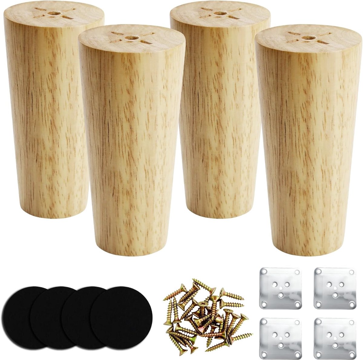 4 Pieces Furniture Legs Wood 10 cm Sofa Legs Oak Robust Furniture Legs Round Furniture Legs with Mounting Plates and - ShopVlot