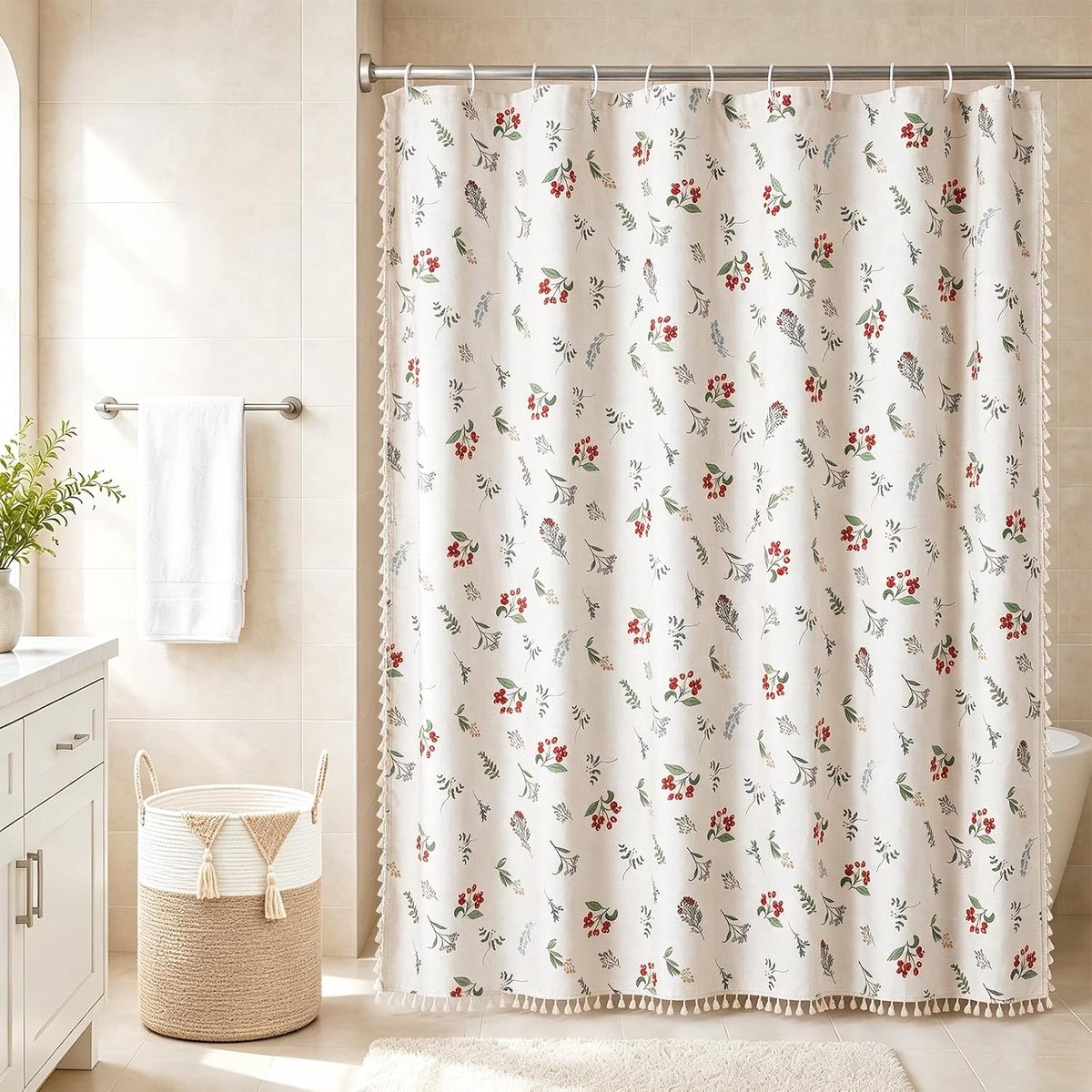 Douchegordijn Boho Floral met kwasten beige linnen look 180x180 cm - ShopVlot