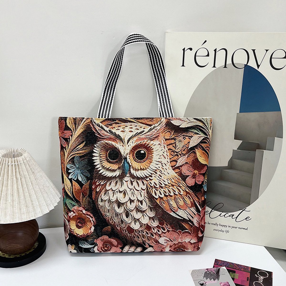 Canvas dames tote tas - 3D geborduurde vlinders - groot formaat - afmetingen 44 x 37 x 9 cm-Gouden uil
