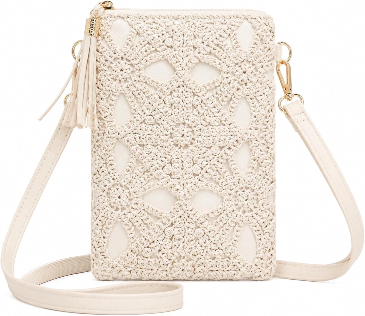 Schoudertas voor dames, 15 × 1,5 × 22 cm, handtas voor dames, opengewerkte bloemen, wit, leer, met schouderriem, voor - ShopVlot