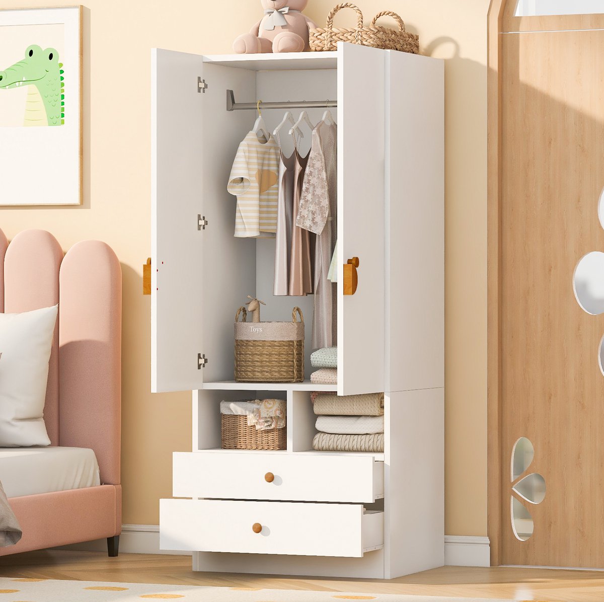 MIVRAY Kledingkast Met 2 Lades En Open Vakken - Dubbele Deuren Met Hanggedeelte - Voor Slaapkamer En Kinderkamer - Wit - 70 X 50 X 170 Cm