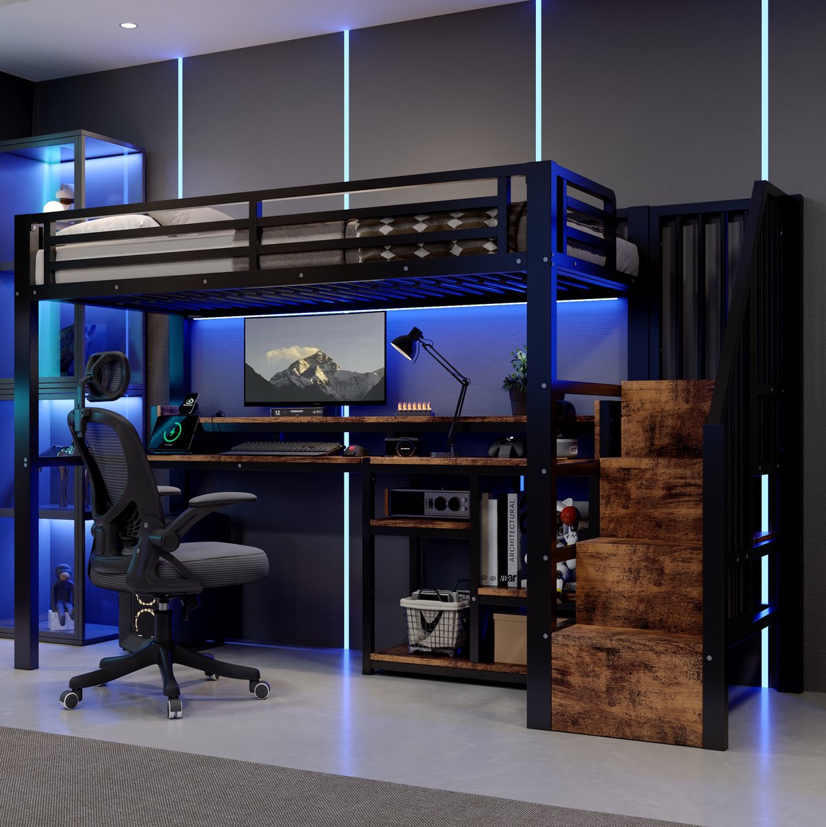 OKWISH Hoogslaper 90 x 200 cm - Hoogslaper Met USB En Type-C En Ledverlichting - Met Opbergruimte En Trapkast - Jeugdkamer - Metaal En MDF - Zwart Zonder Matras