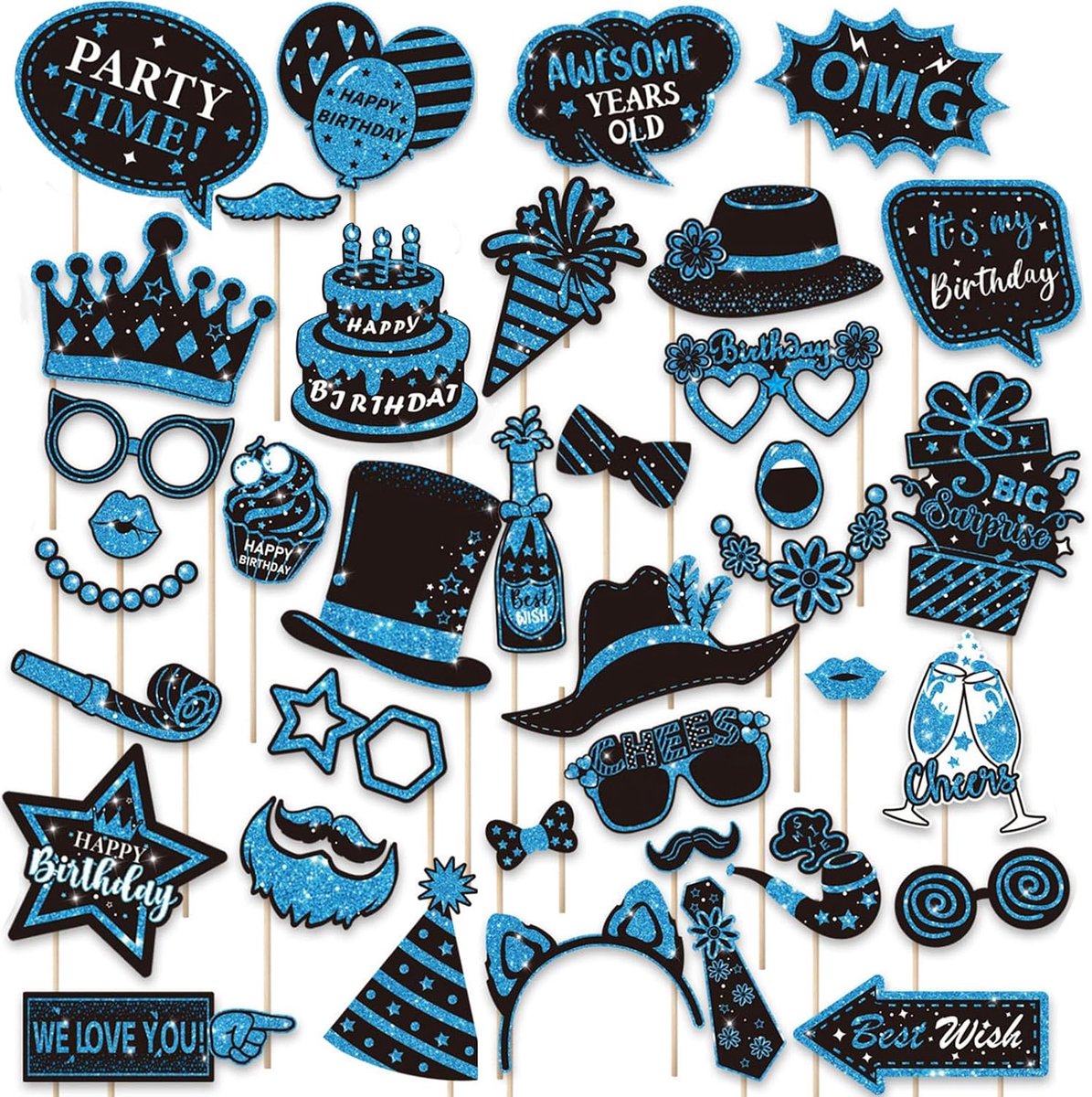 Fotobox-rekwisieten set 38-delig - blauw - feestaccessoires - ideaal voor verjaardagen - ShopVlot