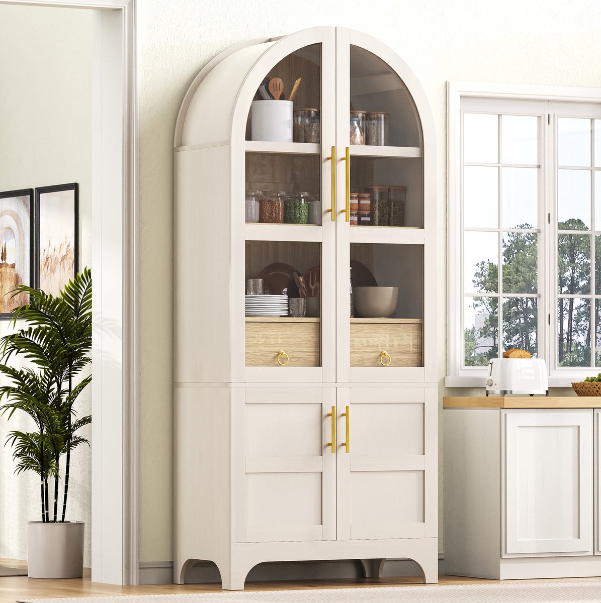 MIVRAY Keukenkast - Highboard Met Geribbeld Glas En Lade - Verstelbare Legplanken Voor Keuken En Eetkamer - Hout En Glas - 76x40x180 Cm - Wit