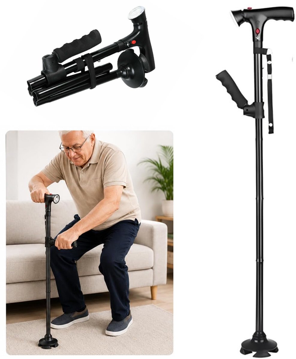 Opvouwbare Wandelstok Met Led-Verlichting - Verstelbare Stastokken Met Sos-Alarm - Antislip Wandelstokken Voor Senioren En Volwassenen