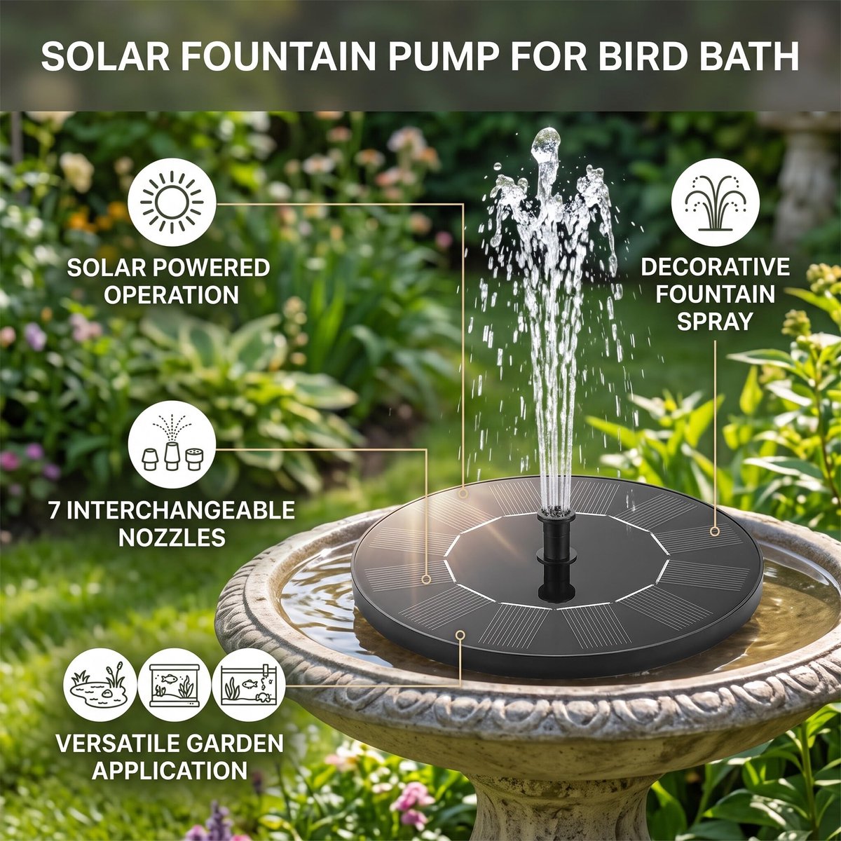 Solar Fontein, Zonne-energie Fontein Pomp Tuin Zonne Vogel Bad Fontein Fontein Pomp Met 7 Stks Nozzle en 4 Vaste Staven - ShopVlot