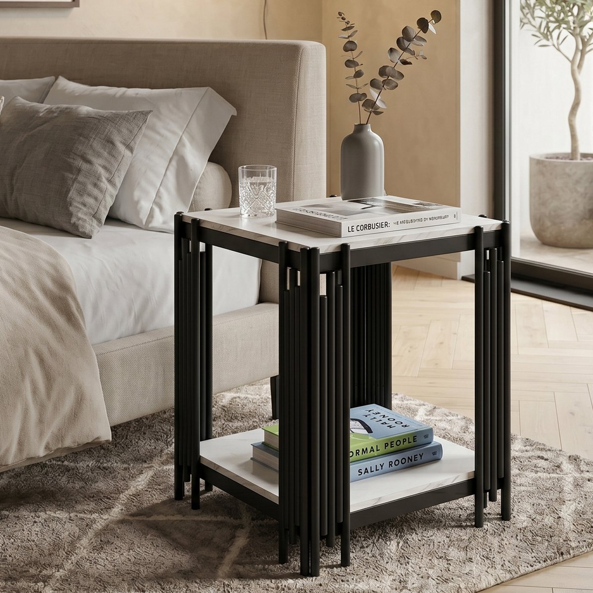 Clruro Nachtkastje - 43 x 40 x 55 cm - 2 Niveaus - Marmerlook - MDF en Metaal - Wit/Zwart