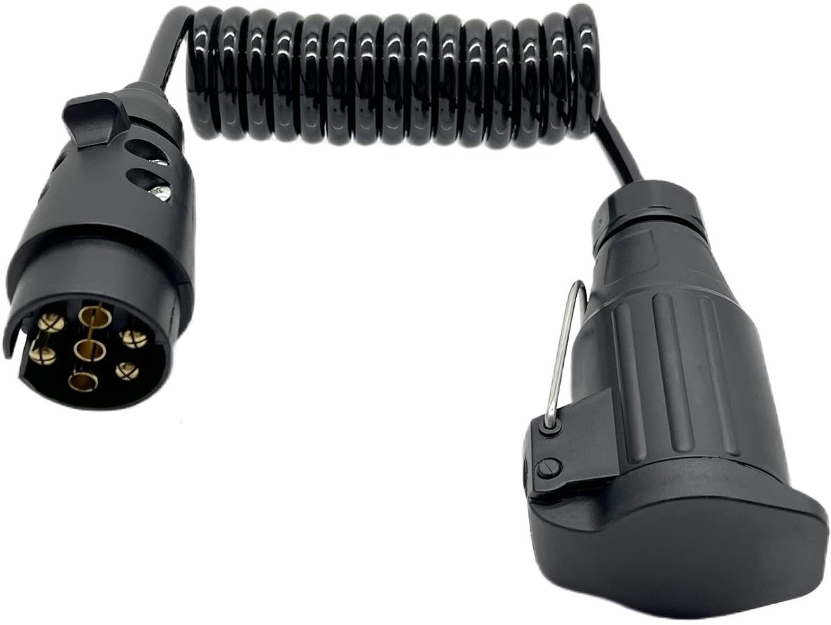 Aanhangeradapter - Zwart - 2 m - Spiraalkabel voor 7- naar 13-polige aansluiting - Voor Vrachtwagen, Camper, Auto, Tractor