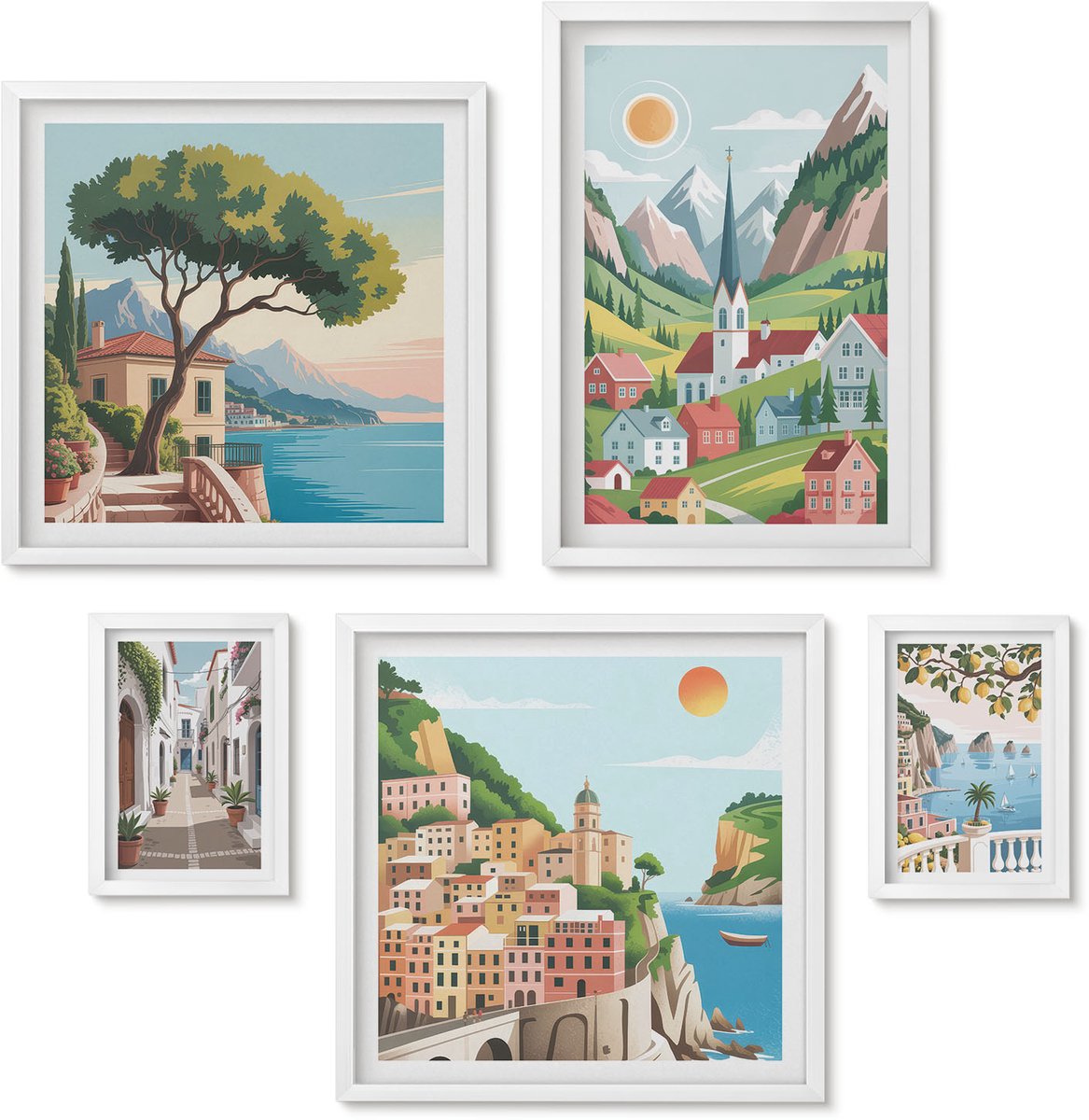 Wallfluent 5-Delige Schilderij Set - Charmante Berglandschappen En Kustplaatsen - 50 x 50 cm, 20 x 30 cm En 40 x 60 cm - Decoratieve Muurdecoratie - Slaapkamer - Moderne Wanddecoratie