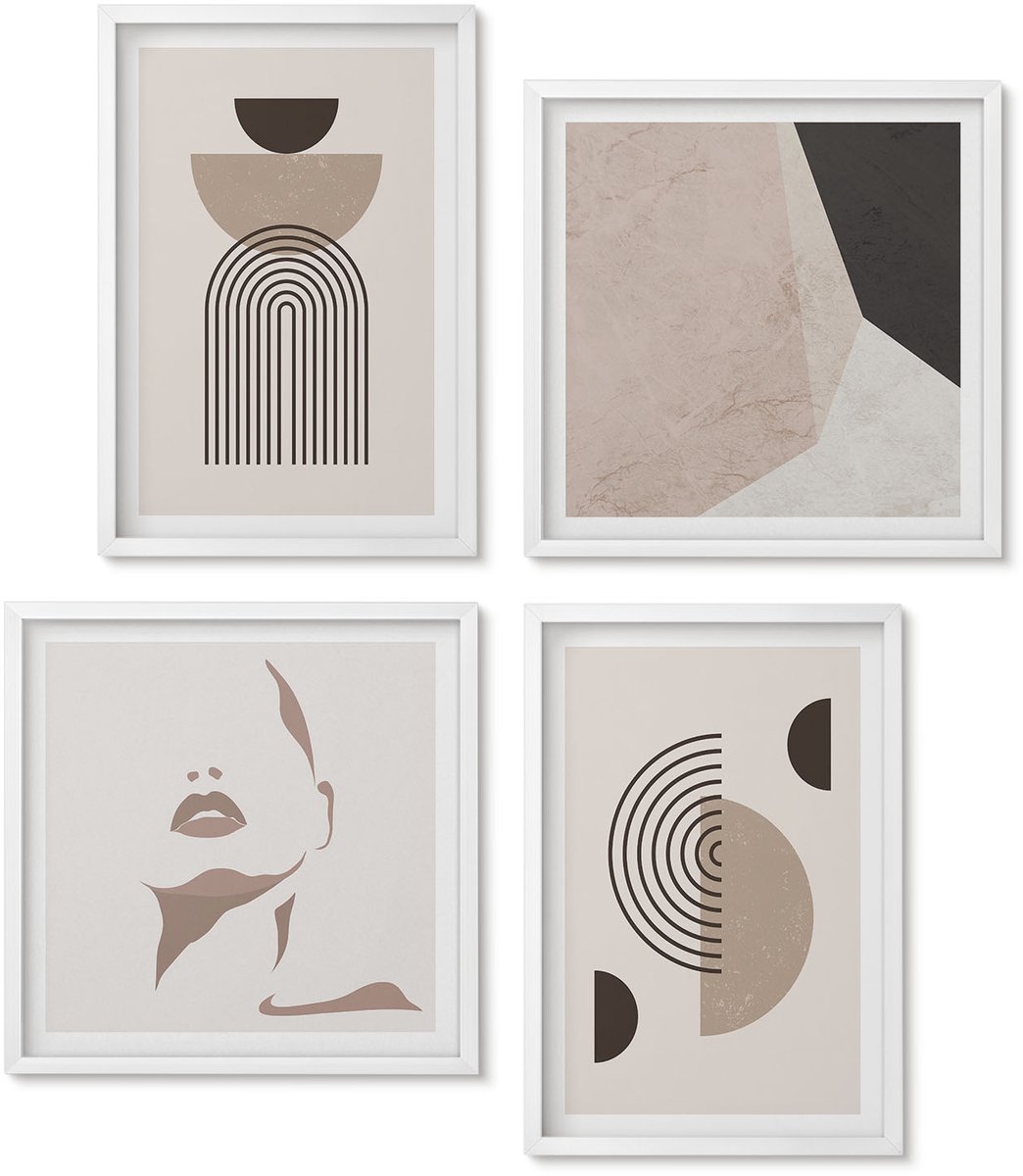 Wallfluent 4-Delige Schilderij Set - Abstracte Geometrische Vormen En Gezichtssilhouet - 40 x 40 En 40 x 60 - Muurdecoratie - Schilderijen Set - Woonkamer - Woonkamer Decoratie