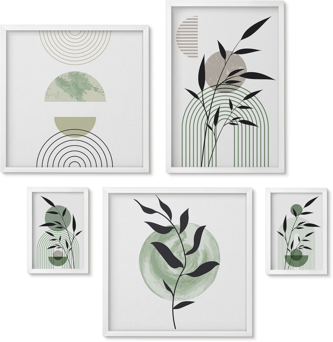 Wallfluent 5-Delige Schilderij Set - Stijlvolle Afbeeldingen Met Plantmotieven En Geometrische Vormen. - 50 x 50 cm, 20 x 30 cm En 40 x 60 cm - Muurdecoratie - Wanddecoratie - Slaapkamer - Moderne Wanddecoratie