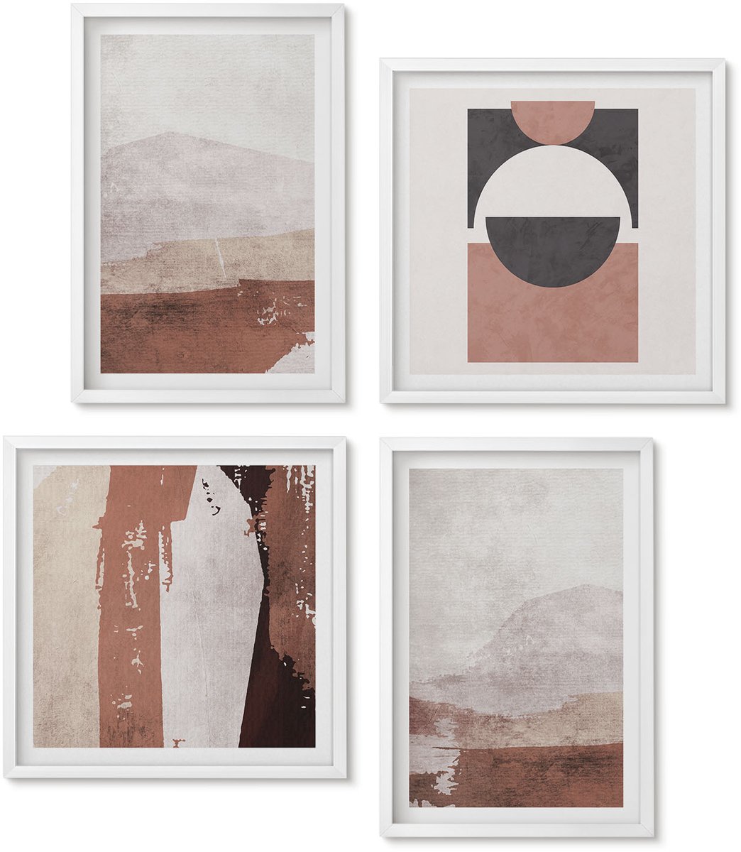 Wallfluent 4-Delige Schilderij Set - Abstracte Patronen In Bruine En Beige Tinten. - 40 x 40 En 40 x 60 - Muurdecoratie - Wanddecoratie - Slaapkamer - Decoratieve Schilderijen