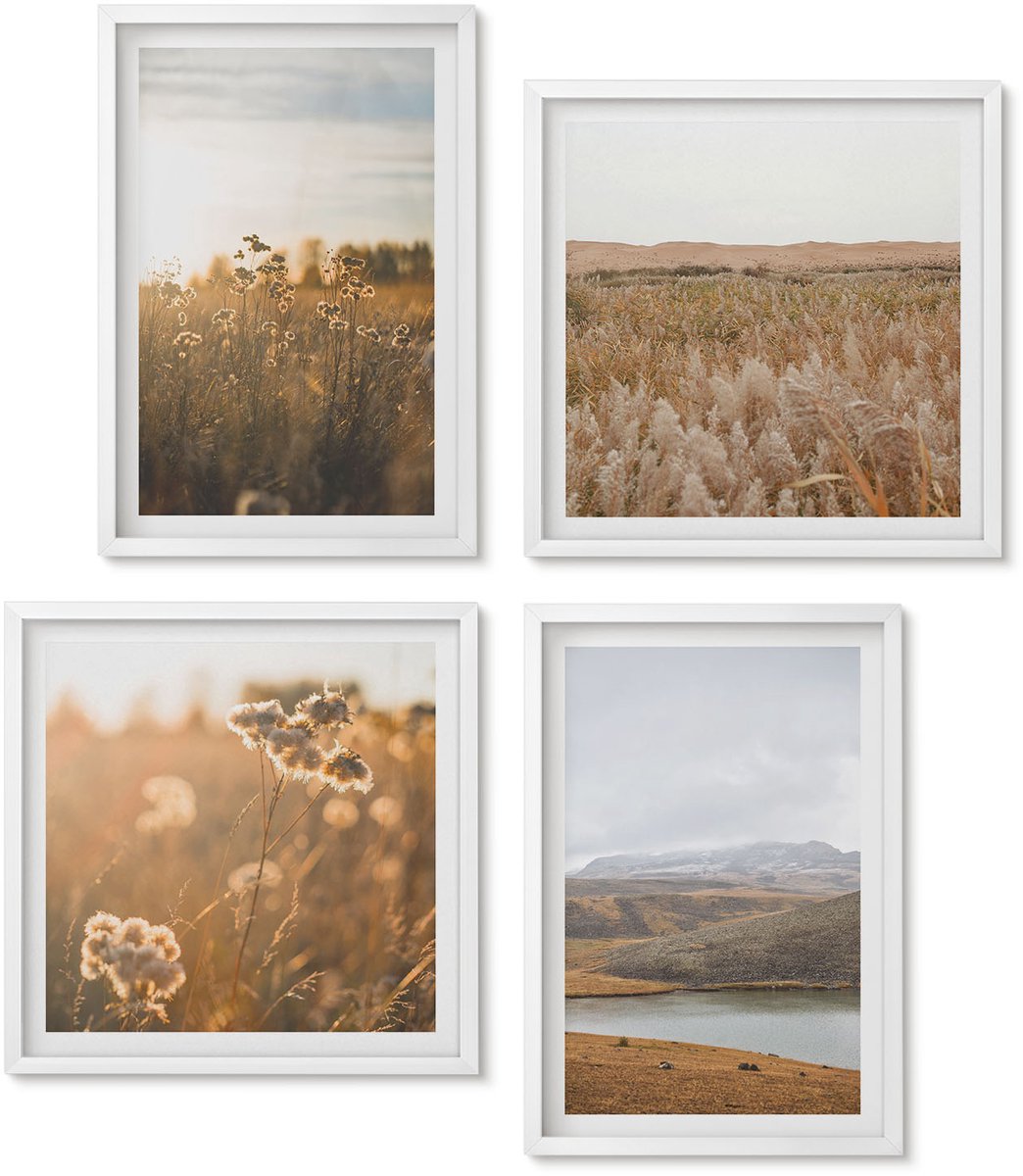Wallfluent 4-Delige Schilderij Set - Landschappen Met Weilanden, Bergen En Een Meer Op De Achtergrond. - 40 x 40 En 40 x 60 - Wanddecoratie - Muurdecoratie - Moderne Interieurdecoratie - Interieur Decoratie