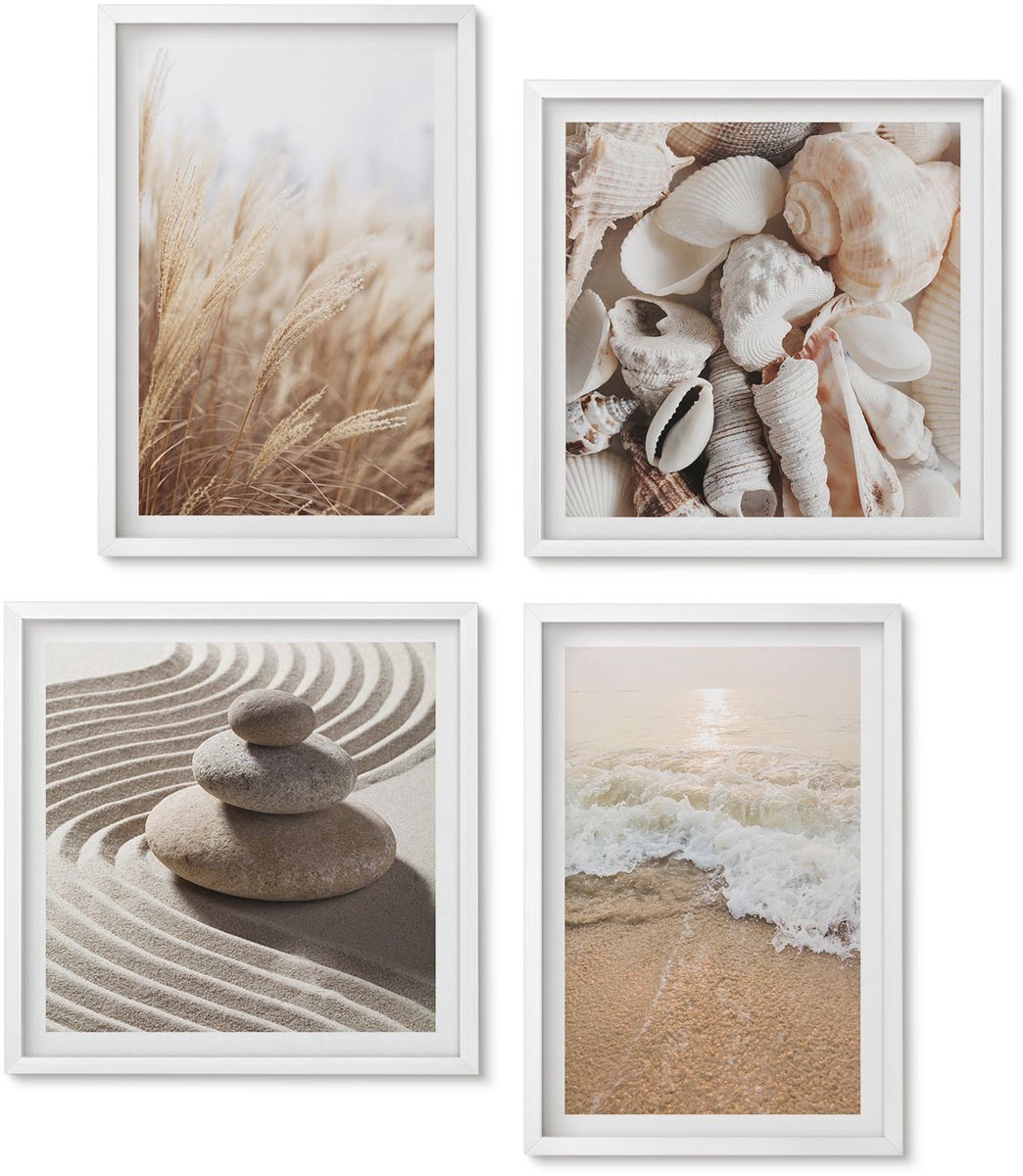 Wallfluent 4-Delige Schilderij Set - Strandthema Met Schelpen En Zeegolven - 40 x 40 En 40 x 60 - Wanddecoratie - Muurdecoratie - Woonkamer - Stijlvolle Muurdecoratie
