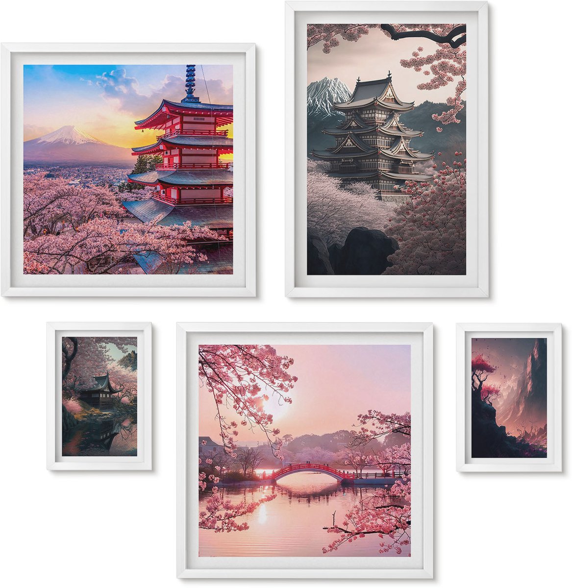 Wallfluent 5-Delige Schilderij Set - Japanse Landschappen Met Kersenbloesems En Pagodes - 50 x 50 cm, 20 x 30 cm En 40 x 60 cm - Muurdecoratie - Wanddecoratie - Slaapkamer - Woonkamer Decoratie