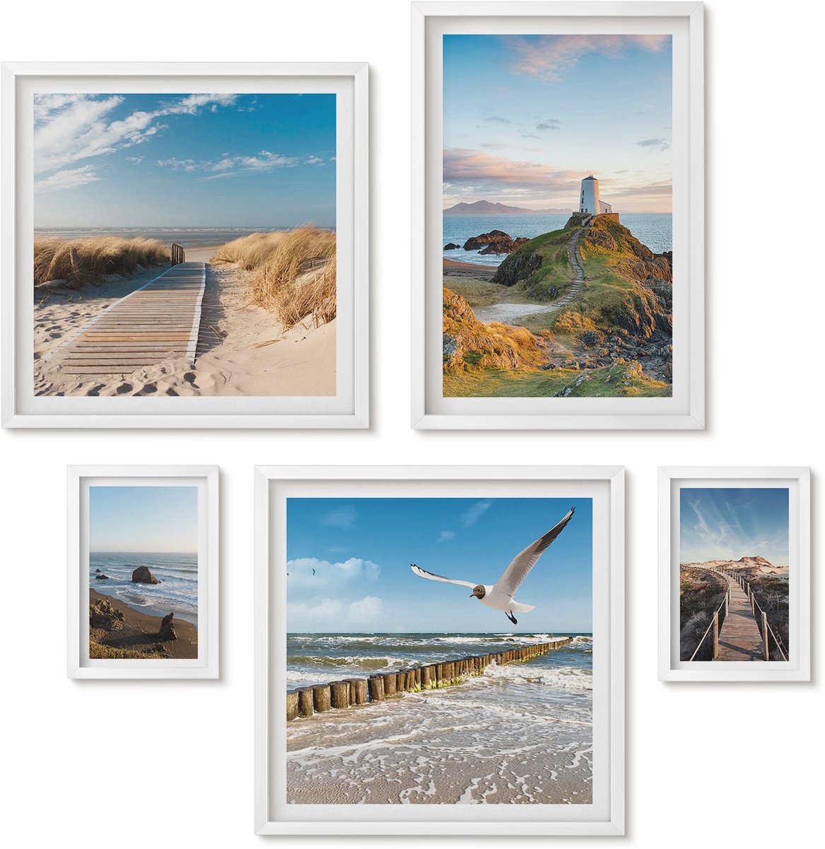 Wallfluent 5-Delige Schilderij Set - Uitzicht Op Zee Met Vuurtorens En Stranden Op De Achtergrond. - 50 x 50 cm, 20 x 30 cm En 40 x 60 cm - Decoratieve Schilderijen - Woonkamer - Interieur