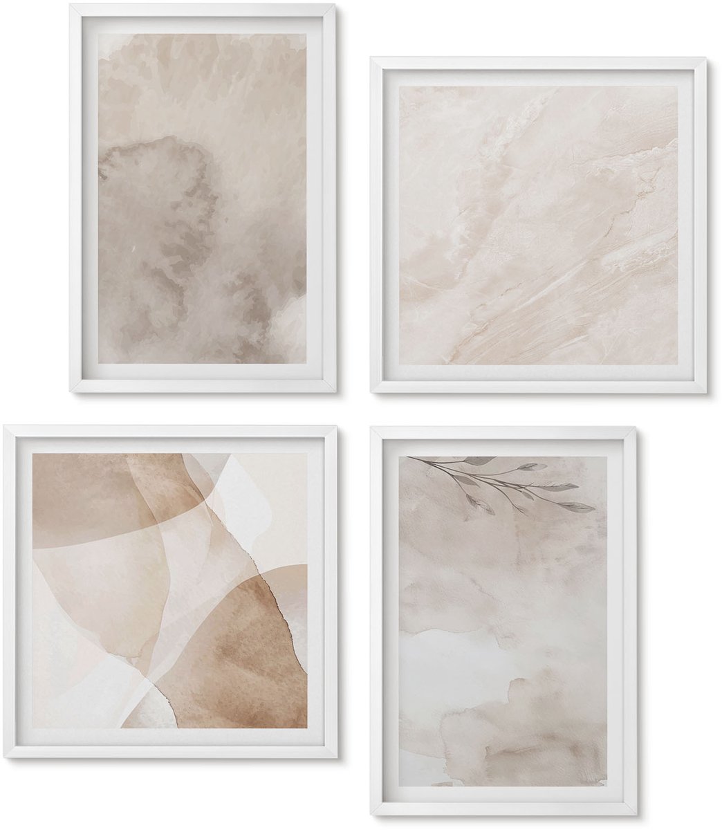 Wallfluent 4-Delige Schilderij Set - Textuur Van Gemorste Aquarelverf In Boho-Stijl - 40 x 40 En 40 x 60 - Moderne Wanddecoratie - Woonkamer - Decoratieve Schilderijen