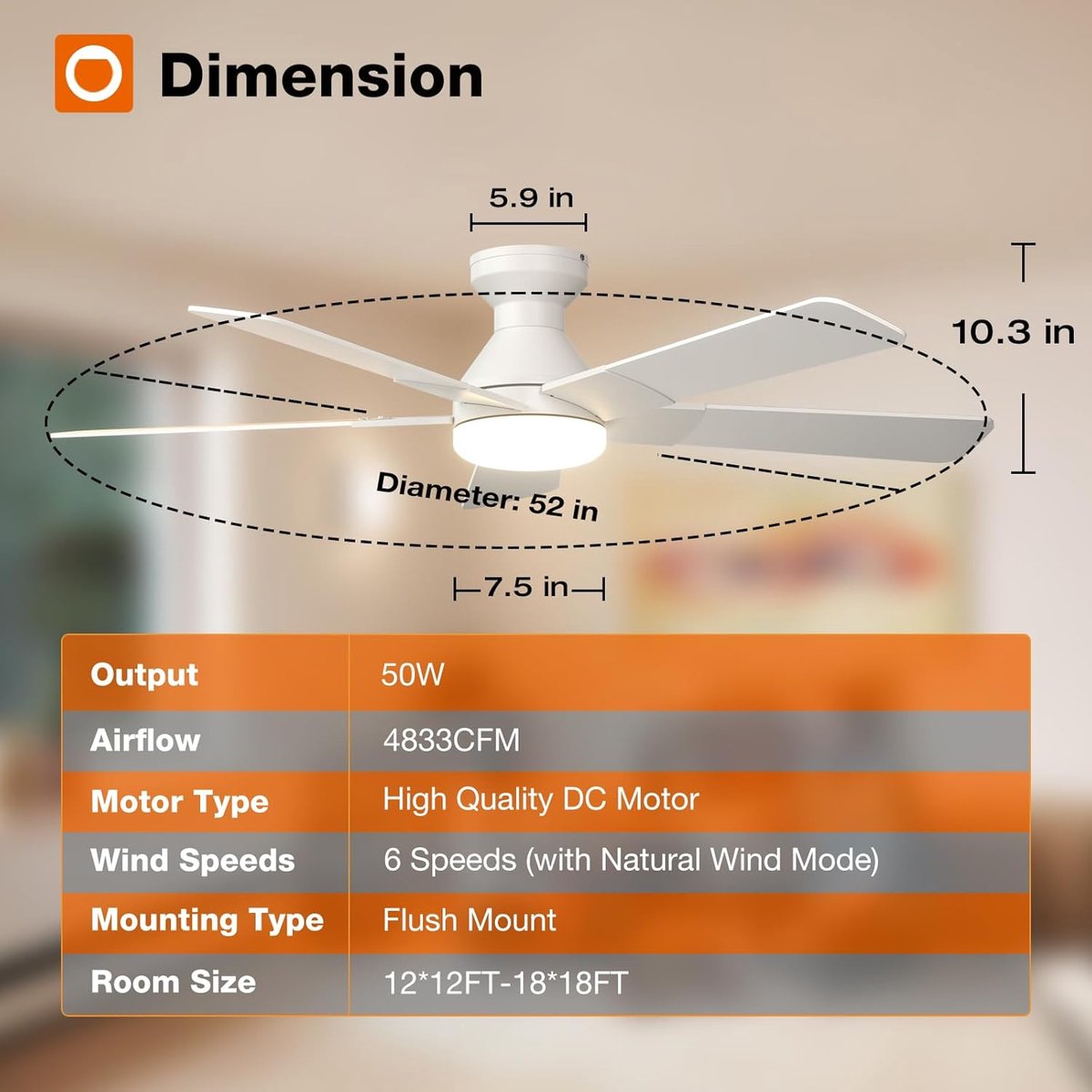 5 Blad Plafondventilator - Moderne LED Ventilator Lamp - 6 Snelheden - Bedienbaar Met Afstandsbediening - 132 cm - Wit - Woonkamerlamp – foto 5