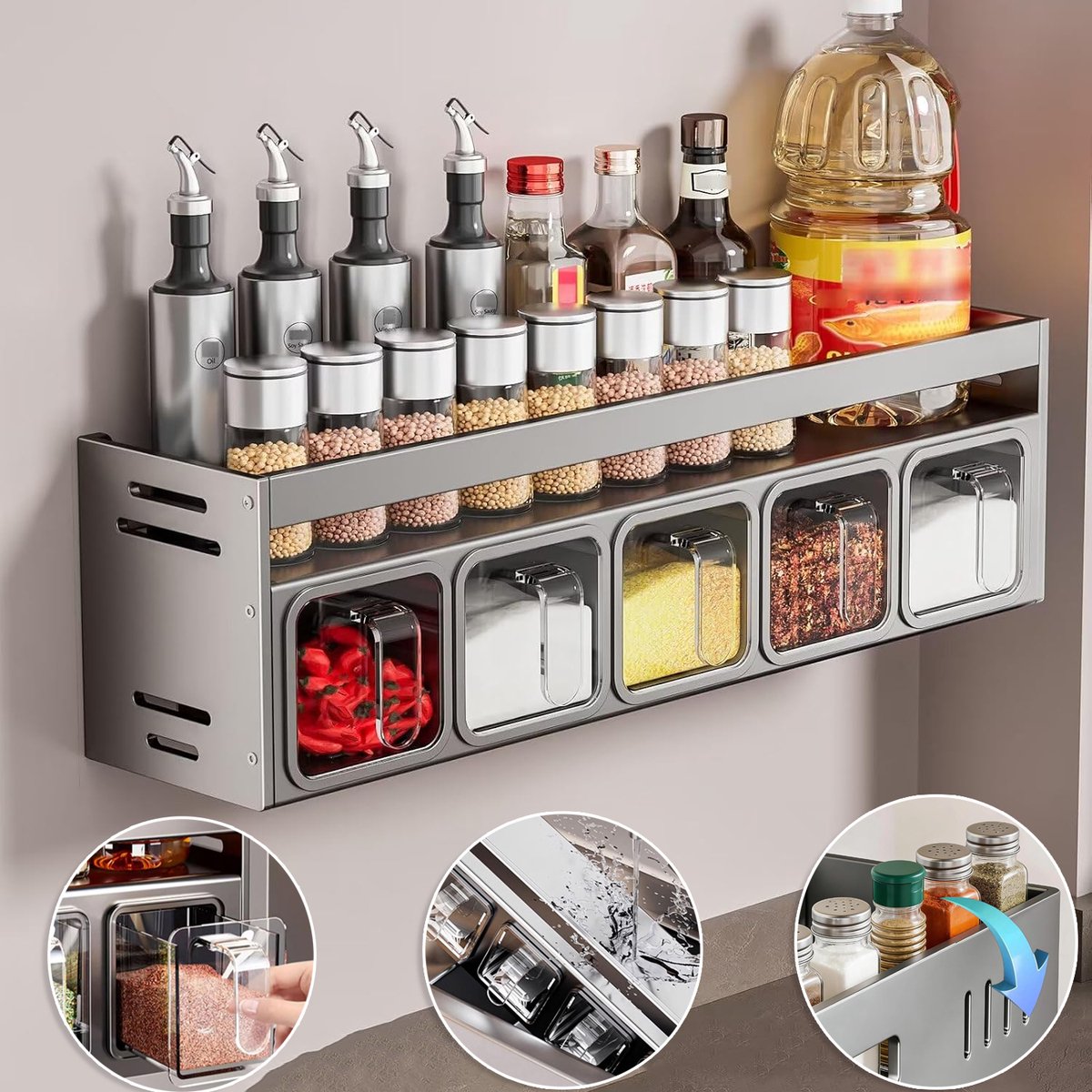 Multifunctioneel Kruidenrek - 5 Verwijderbare Kruidendozen Staand/Wandmontage Ruimte Aluminium En Voedselveilig Plastic - Transparant Ontwerp Gemakkelijk Schoon Te Maken - Voor Keuken, Voorraadkast En Slaapzaal - Gunmetal Grey