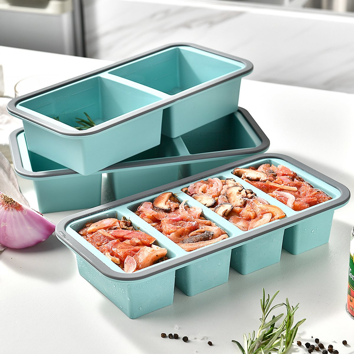 Siliconen Vriesvorm - Siliconen Soepvriesbakjes met Deksel 3 Stuks – 2, 3 en 4 Vaks – 29,7 × 14,5 × 6 cm – Herbruikbare Diepvriesvormen – Voor Soep, Bouillon en Meal Prep – Stapelbaar & Lekvrij – Meal Prep Container