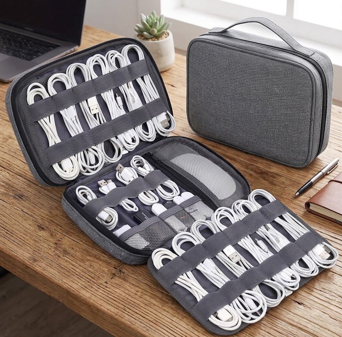 Huis Geluk Kabel Organizer Reisetas – 6 Laags, Grote Capaciteit, Draagbare Elektronica Organizer voor Kabels, SD Kaarten en Reisbenodigdheden, Grijs