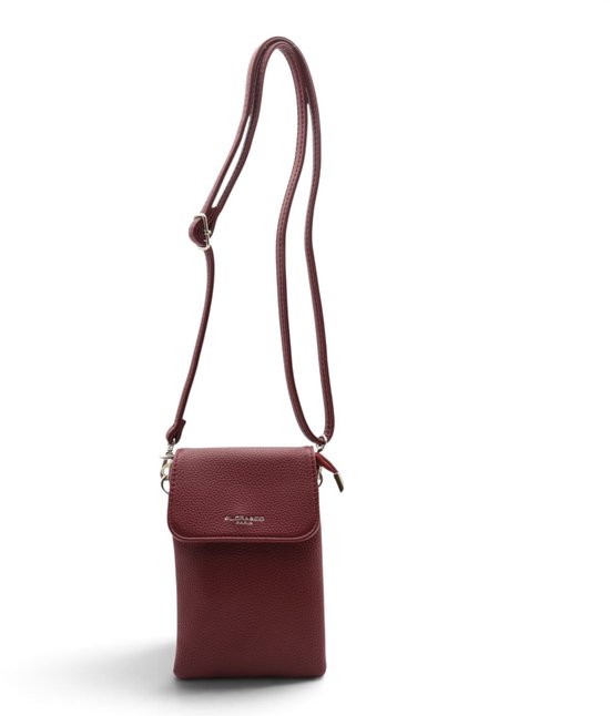 Bordeauxrode crossbody tas, merknaam 'Flora&co Paris' op voorkant