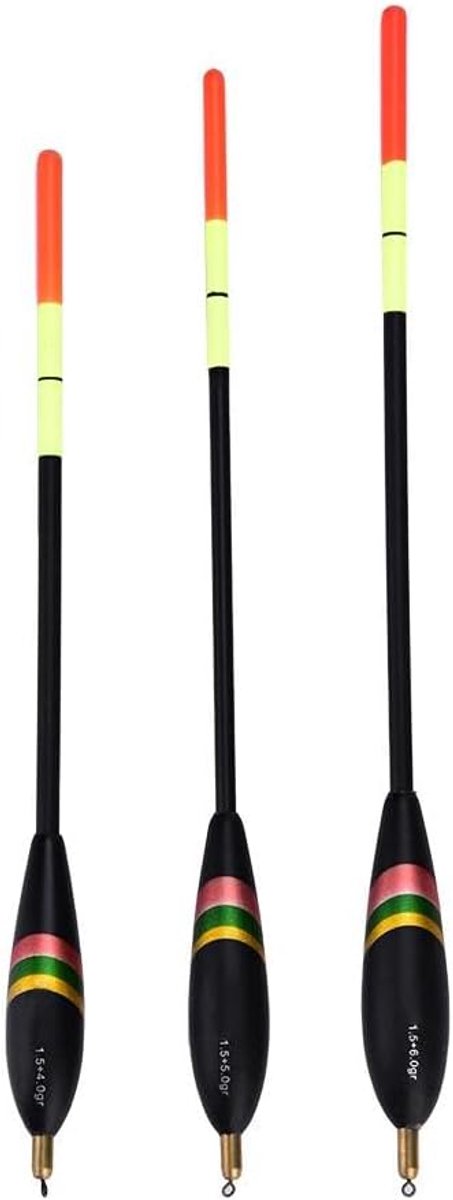 Hominas Set van 3 dobbers, 1,5 + 6 g, 1,5 + 5 g, 1,5 + 4 g, houten dobbers, met levendige kleuren, voor forel, baars - ShopVlot