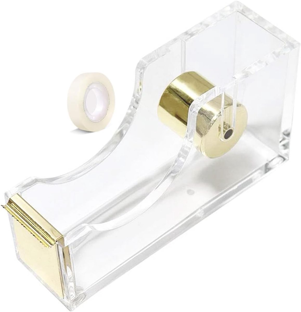 Tape Dispenser - Transparant - 6,4 x 11,9 x 3,6 cm - Acryl met Goudkleurig Metaal - Voor Kantoor en Thuis