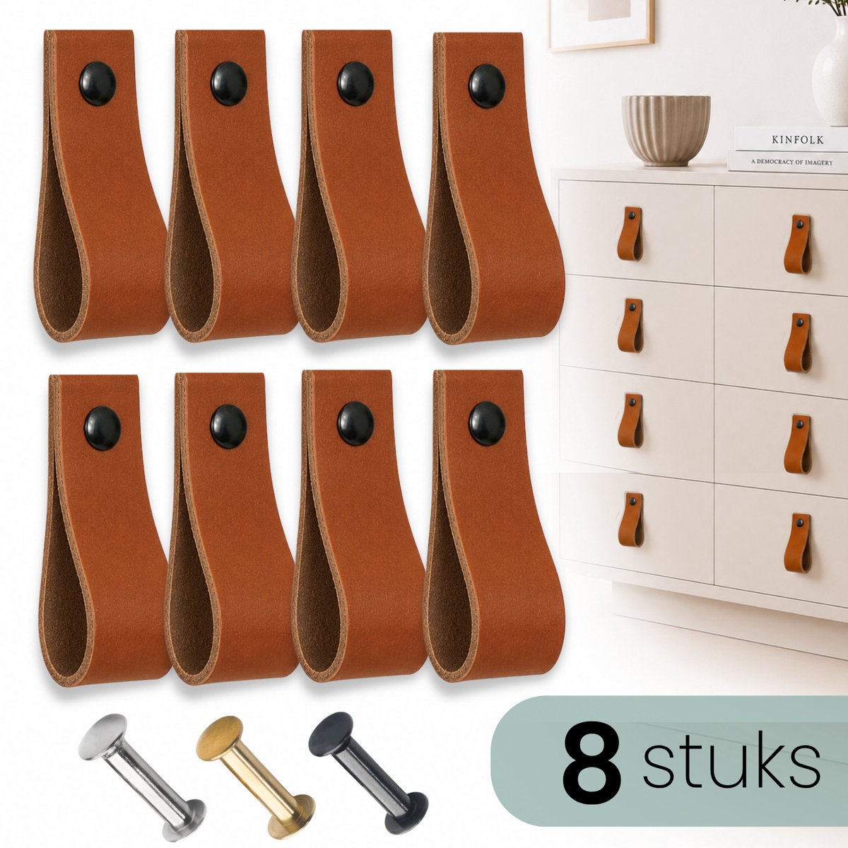 HOYA living - Leren lusjes - Cognac - 8 stuks - 3 kleuren schroeven - 100% leer