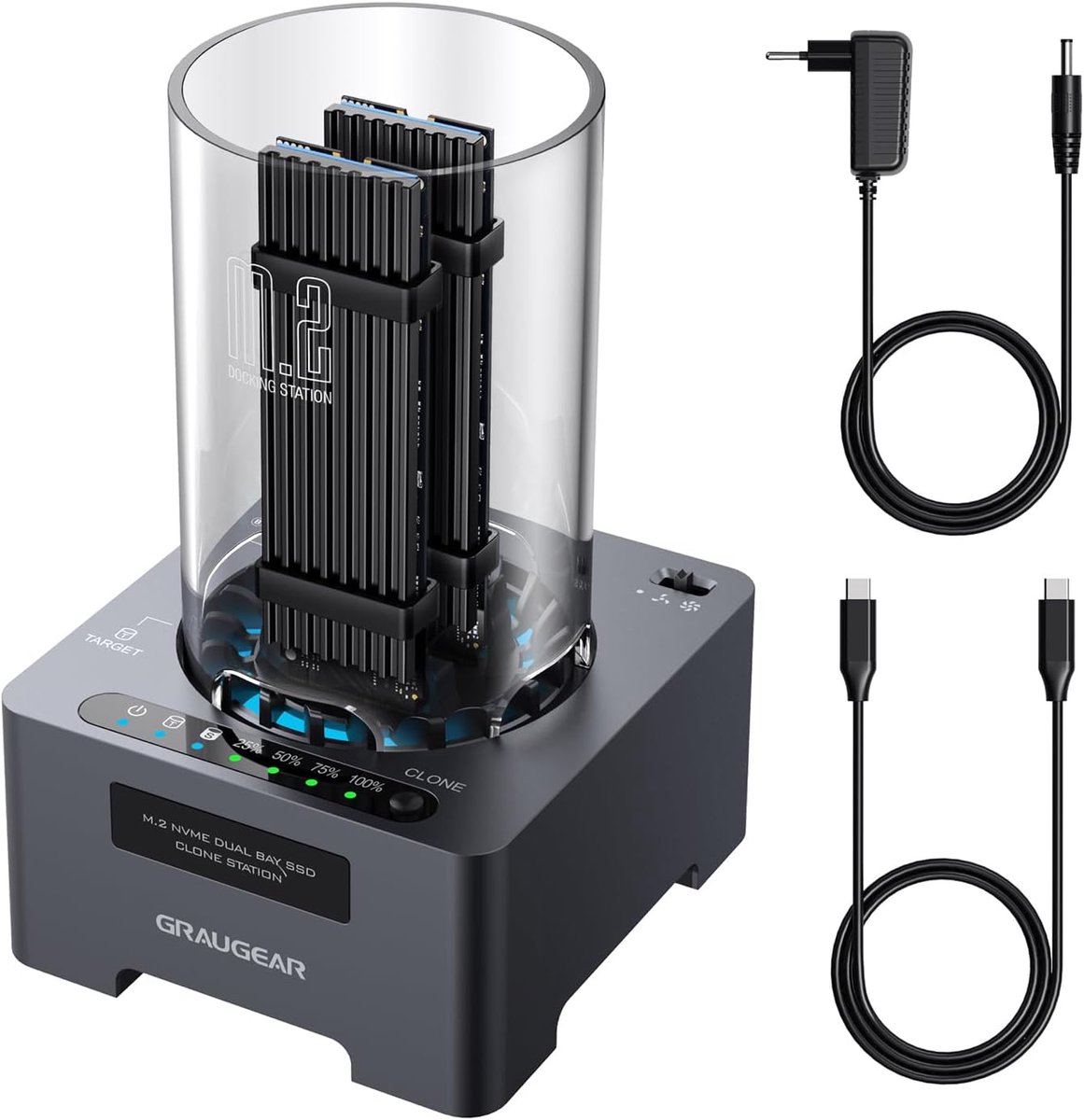 M.2 NVMe SSD Clone Drive for M.2 PCIe, M-Key, USB 3.2 Gen2 x 2 20Gbps Docking Station, 60mm Silent Fan, Power Supply - ShopVlot