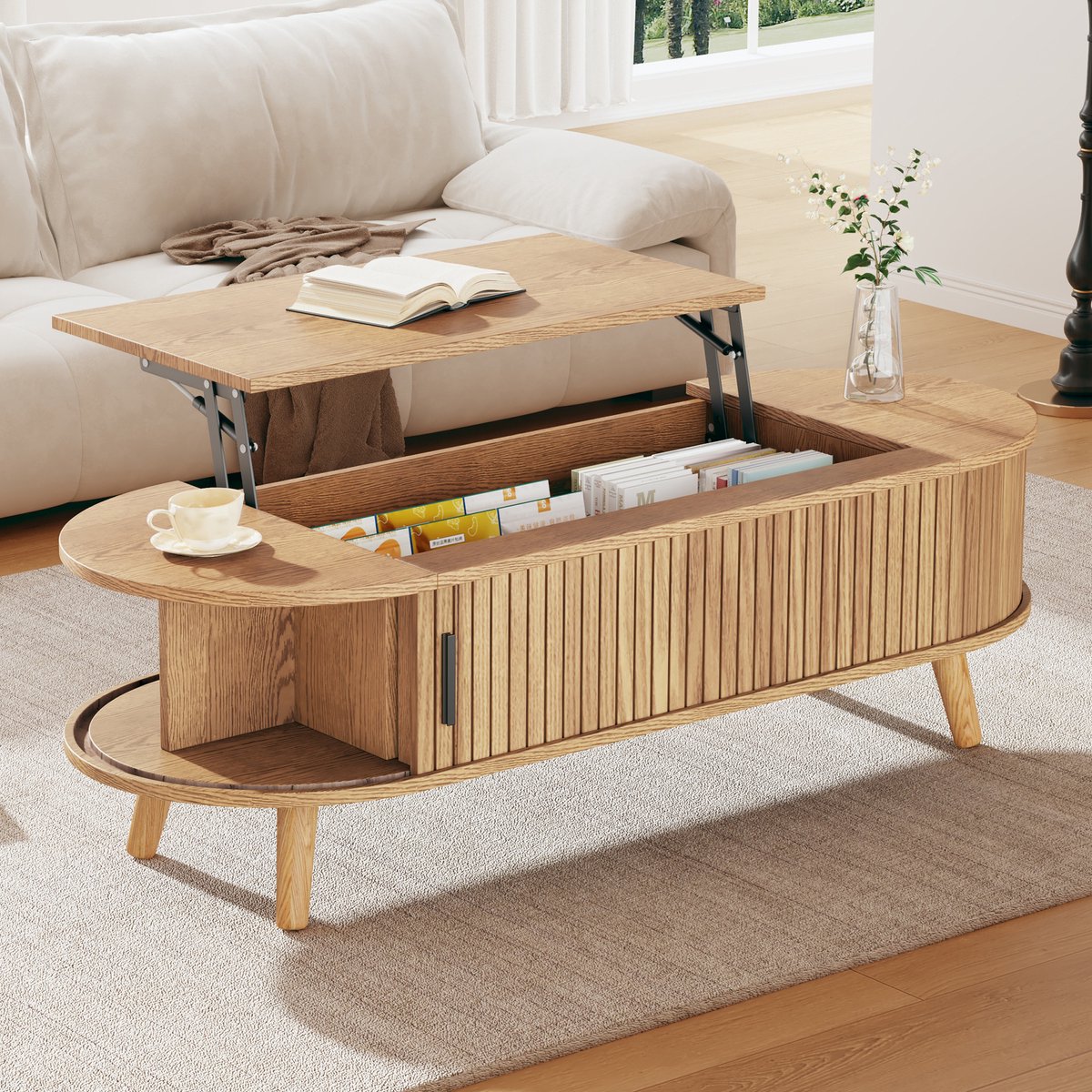 DESMIU Salontafel - Hoogte Verstelbaar Met Verborgen Opbergruimte En Roldeuren - Voor Woonkamer - MDF - Naturel - 120x50x39,5 Cm