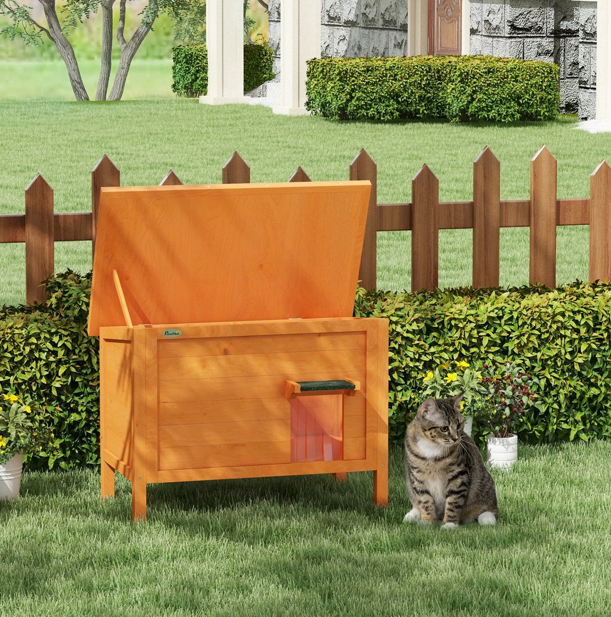 COVREO Kattenhuis 85 x 50 x 68,5 cm oranje hout, met deurgordijn voor buiten