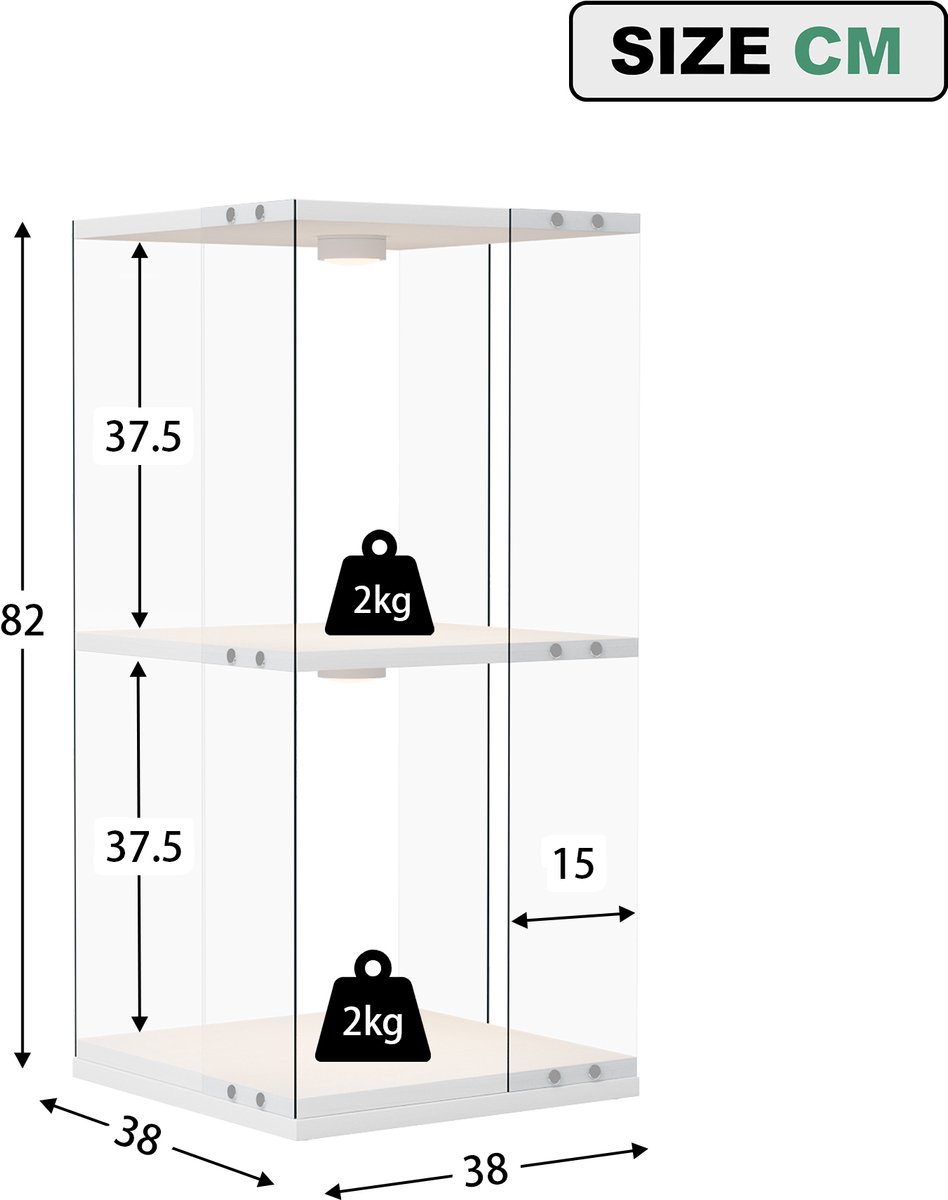 Witte vitrinekast 38×38×82cm, 360° draaibaar, 2 lagen, RGB LED, glazen displaykast met kantelbeveiliging