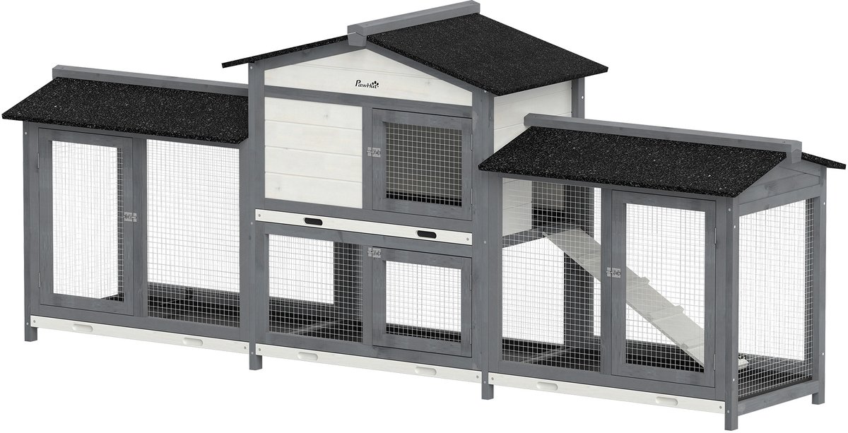PawHut Rabbit Hutch-Tannenholz, Stahl-230L x 53B x 93,5H cm-Hellgrau