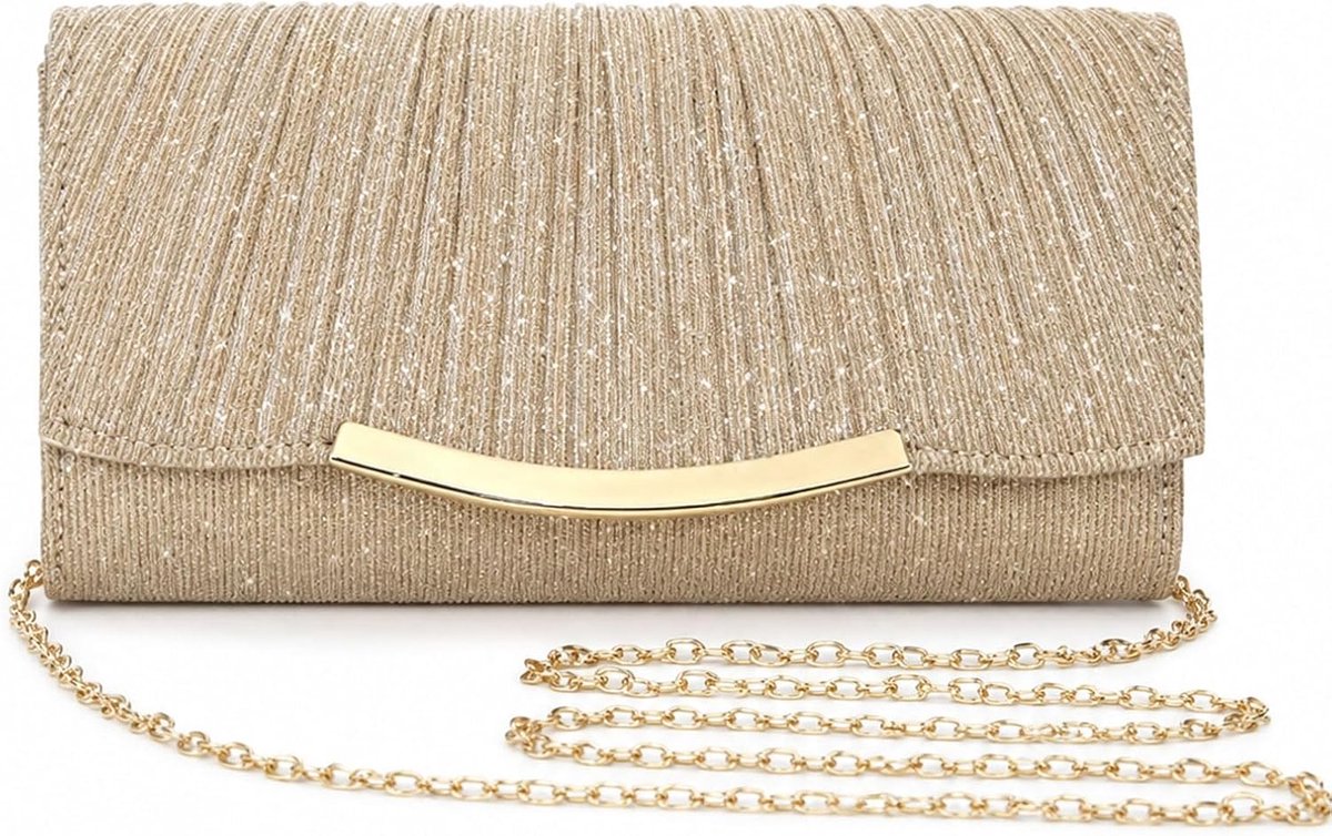 KZQ Elegante Goud-Beige Clutch Met Ketting – Chique Avondtas Voor Dames Met Magneetsluiting En Glitterdesign, Geschikt Voor Bruiloft, Feest En Date, Champagnekleur