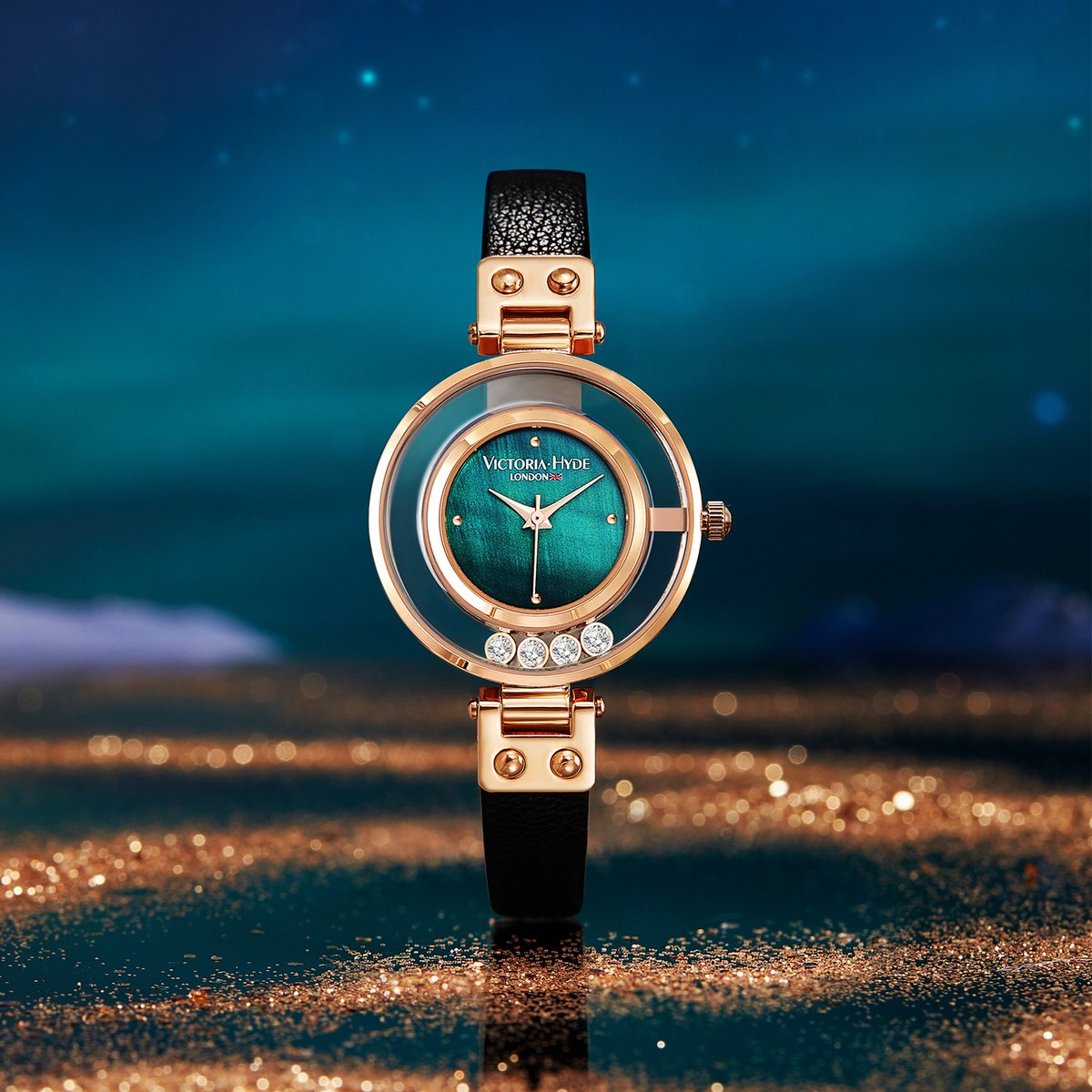 Victoria Hyde Sparkle Star - horloge dames met smalle band - Goed Leesbaar - geschikt als elegant dames horloge voor dagelijks gebruik - Horloges voor Vrouwen & Meisjes - leren horlogeband - zwart en groen