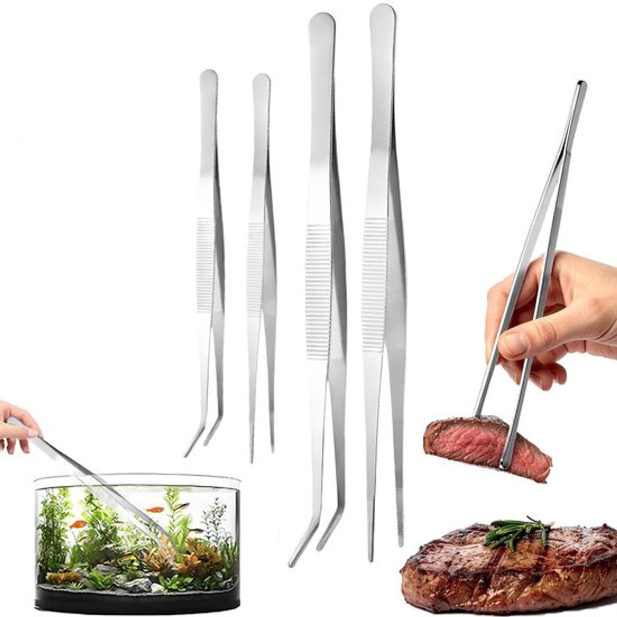 Pincet Set 4 Stuks - 2 Rechte/Gebogen Pincetten - Keukenpincet - Kooktang Roestvrij Staal - 20/30 cm - Voor Aquascaping/Tuinieren
