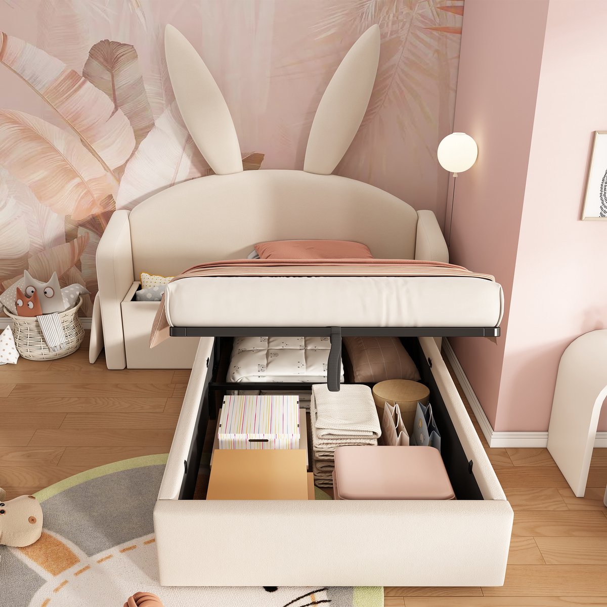 Wishdor Kinderbed 90x190 cm - zacht boxbed met konijnenoren - opbergruimte - lattenbodem - beige - inclusief nachtkastje