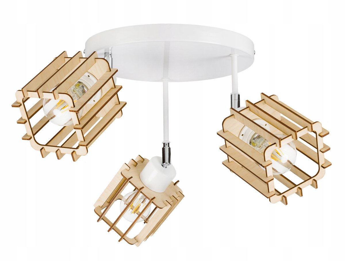 Plafondlamp Hout & Wit, 3xE27, Moderne Stijl, Verstelbaar