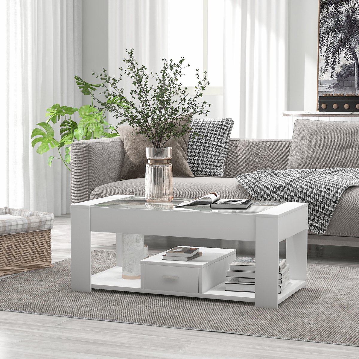 DESMIU Salontafel - Glasplaat Met Opbergruimte En Lades - Voor Woonkamer - Spaanplaat En Glas - 100x50x40 Cm - Wit