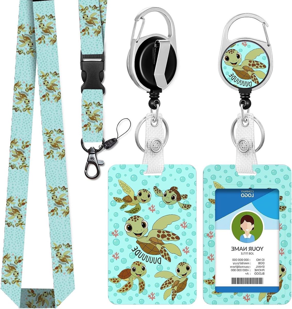ID Kaarthouder - Badgehouder Lanyard - Sleutels Organiseren - Afneembare Riem - 57 cm Koord - Zeeschildpad