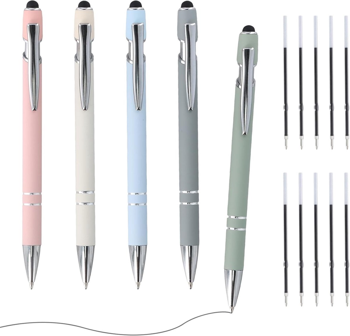 Set van 5 Metalen Balpennen 2-in-1 met Aanraakpen, Ergonomische Grip, Ideaal voor Kantoor en Thuis, Inclusief 10 Navullingen, Schrijfdikte 0.7 mm, Zwart