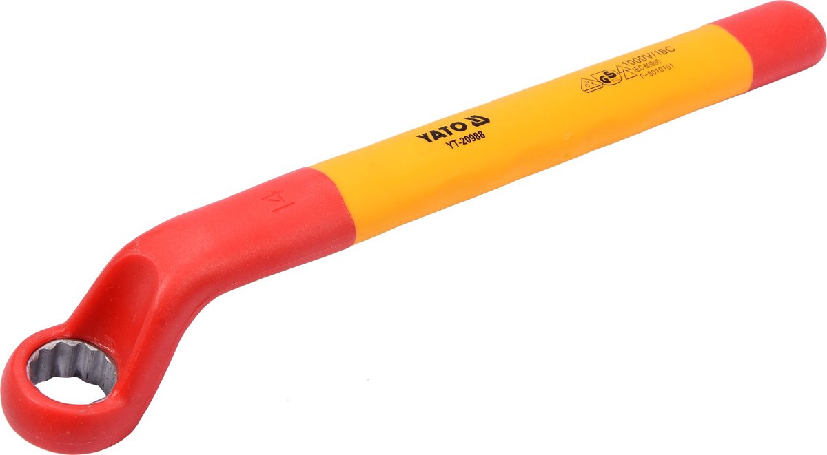 YATO VDE Geïsoleerde Gebogen Ringsleutel 14 mm - 1000V Geïsoleerd Gereedschap - Lengte 205 mm - Chroom-Vanadium Staal - Elektriciens Ringsleutel Gebogen voor Werkzaamheden Onder Spanning (YT-20988)