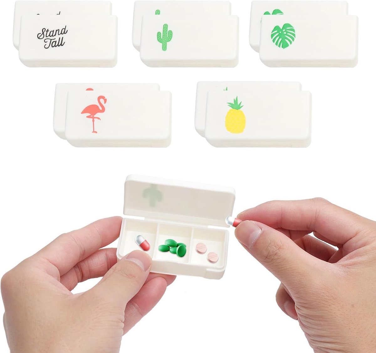 Kleine pillendoos voor onderweg, 5 stuks, met 3 vakken voor tabletten en medicijnen, compact en handig
